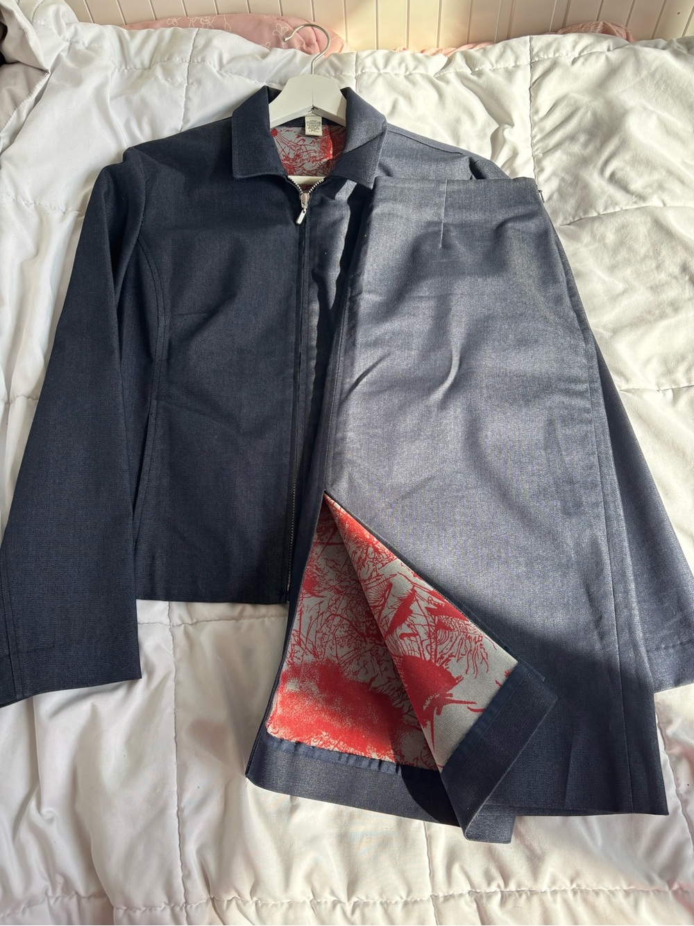 Amanda Smith Y2K Chambray Zip Jacket 8P + Pencil Skirt 6 Set Red Lining Suit